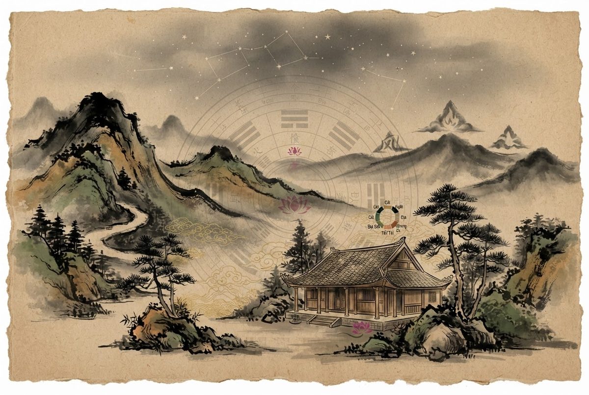 Minh hoạ Kim Lâu — Hoang Ốc — Tam Tai: ba công thức xem tuổi làm nhà