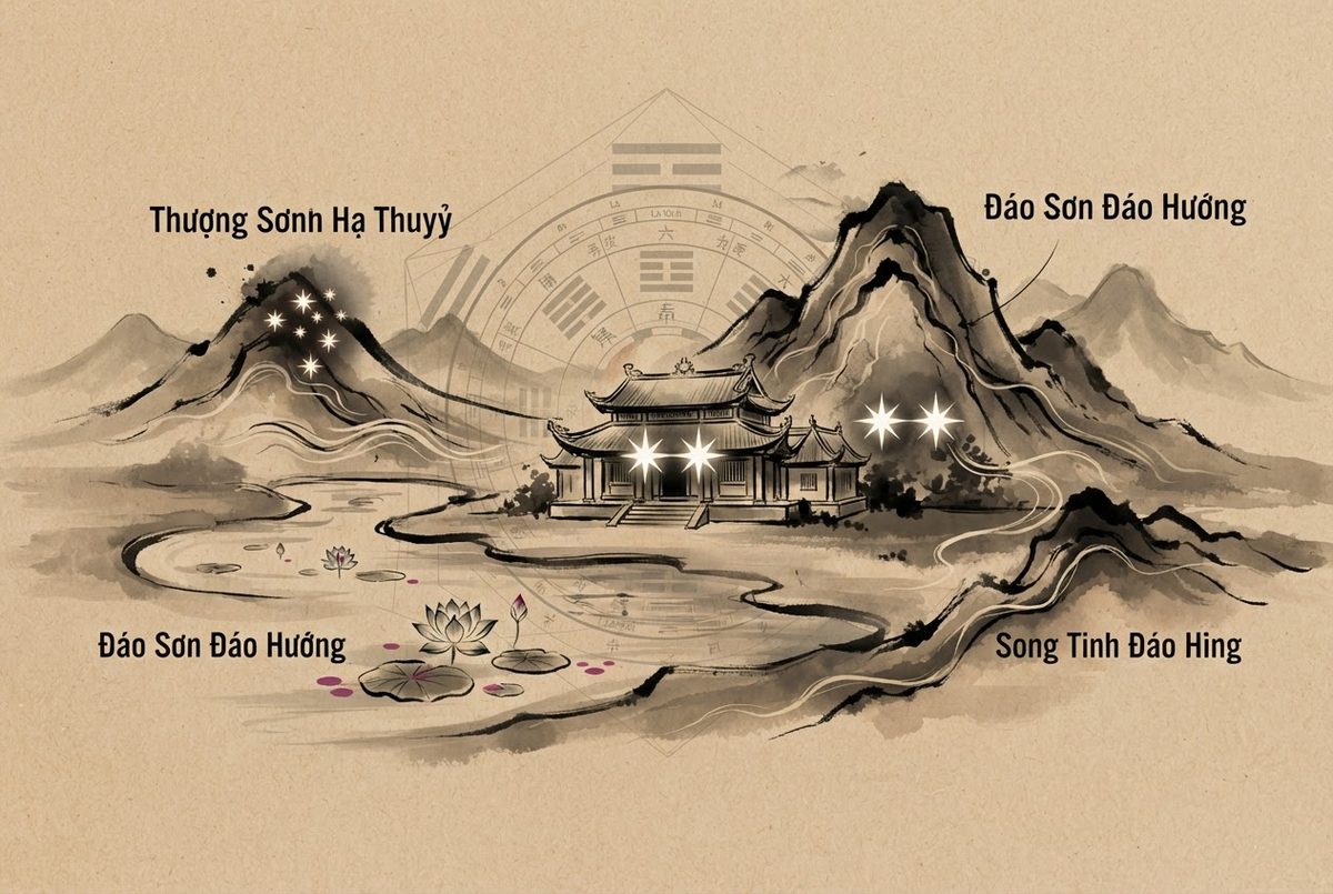 Minh hoạ Các cách cục Huyền Không: đáo sơn đáo hướng, thượng sơn hạ thuỷ, song tinh