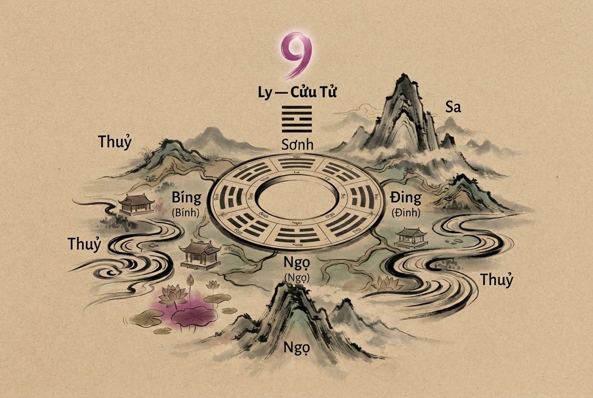 Minh hoạ Quẻ Ly — Phương Cửu Tử (Bính — Ngọ — Đinh): Luận Thuỷ Và Luận Sa