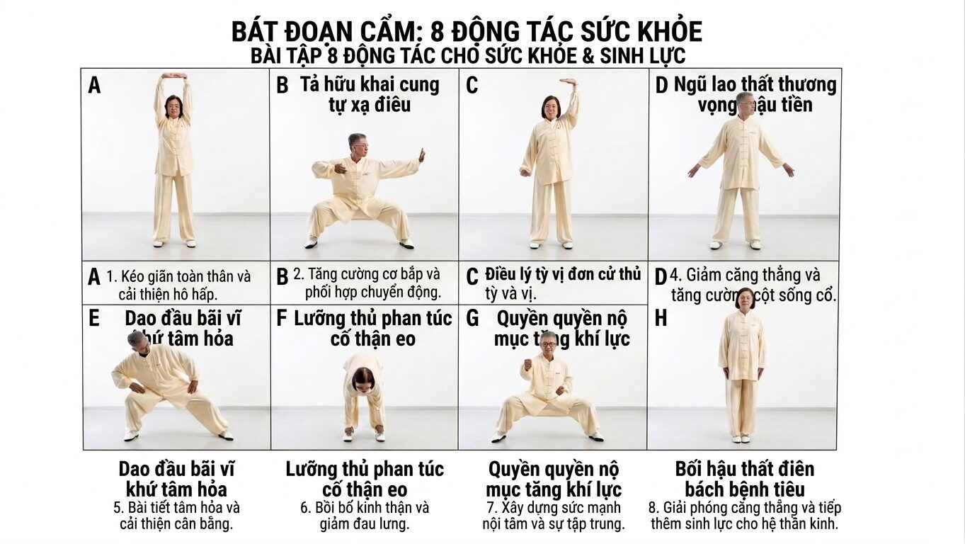 Minh hoạ Bát Đoạn Cẩm 8 bài tập dưỡng sinh tốt cho sức khỏe