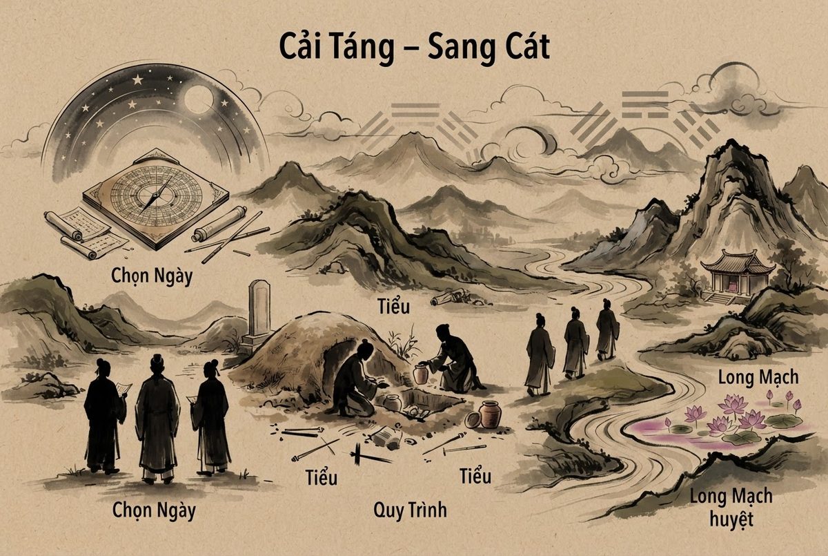 Minh hoạ Địa Tướng & Âm Trạch (Bài 8): Cải Táng – Sang Cát: Quy Trình, Chọn Ngày, Xử Lý Tình Huống