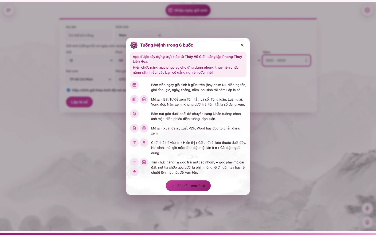 Mở app: bảng giới thiệu và hướng dẫn với lời giới thiệu của Thầy Vũ Giới.