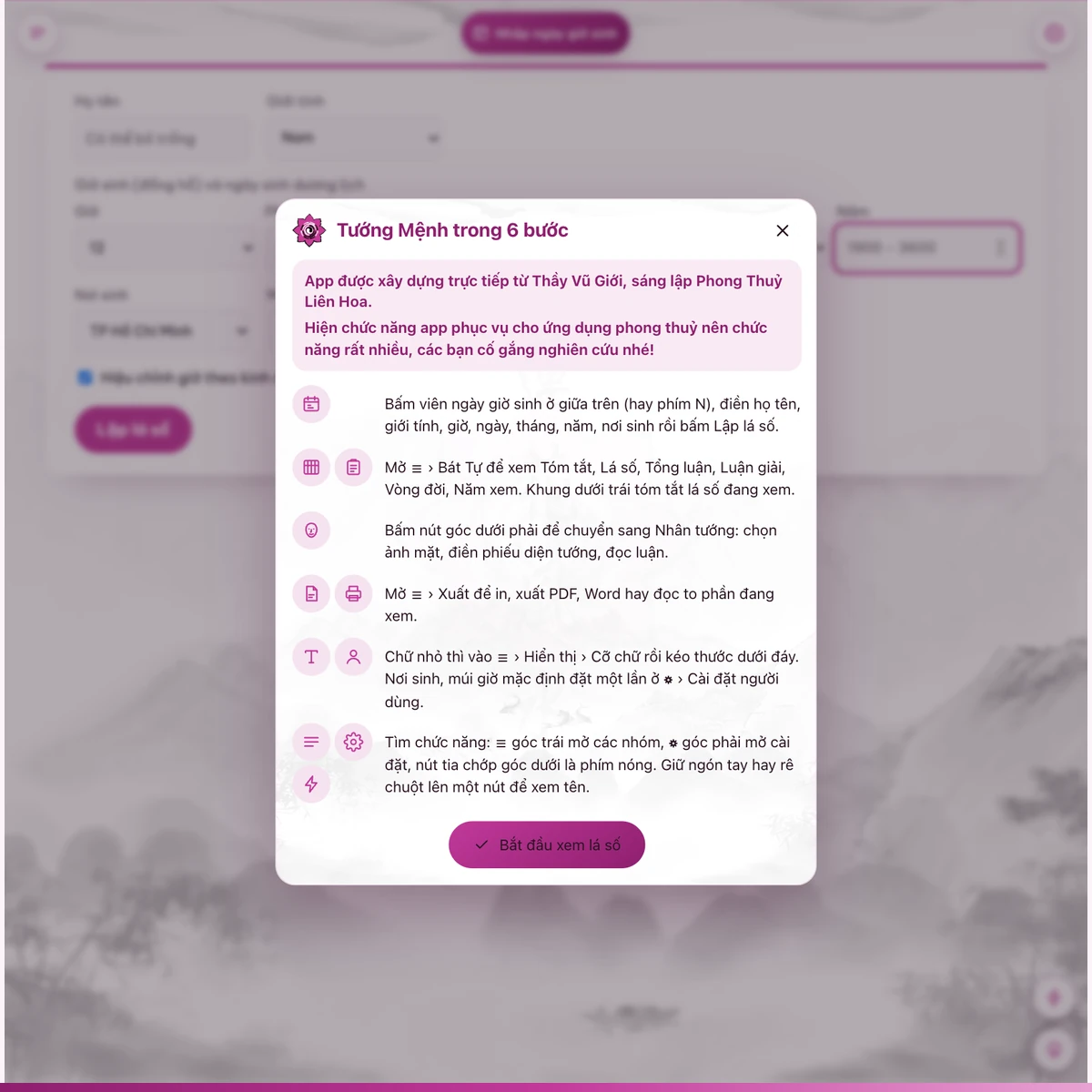 Mở app: bảng giới thiệu và hướng dẫn với lời giới thiệu của Thầy Vũ Giới.