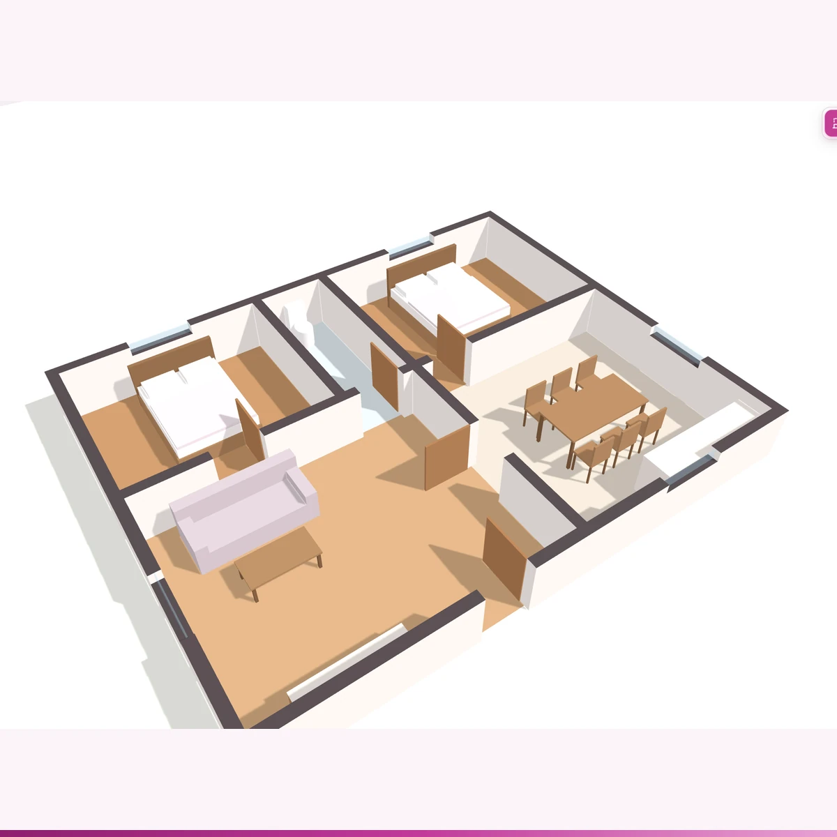 Xem 3D ngôi nhà đã bố trí nội thất, hạ thấp tường để thấy rõ bên trong.
