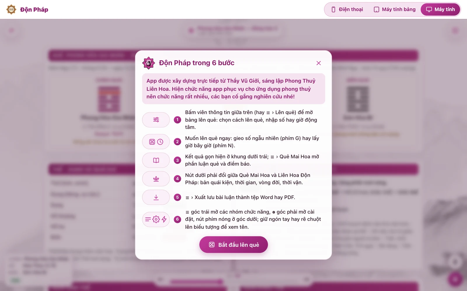Mỗi lần mở app, bảng "Độn Pháp trong 6 bước" hiện giữa màn hình với lời giới thiệu của Thầy Vũ Giới
