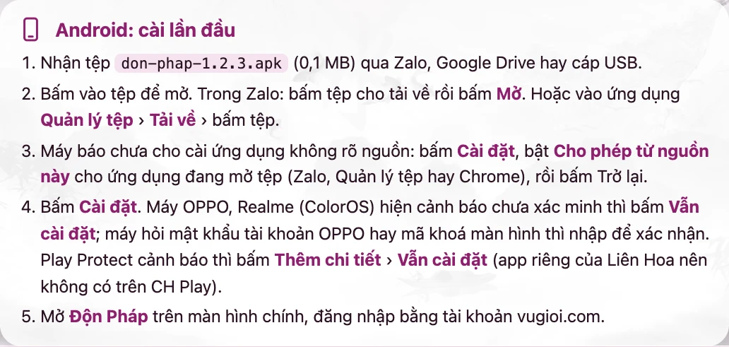Các bước cài tệp APK Độn Pháp trên điện thoại Android, kể cả máy OPPO, Realme và cảnh báo Play Protect