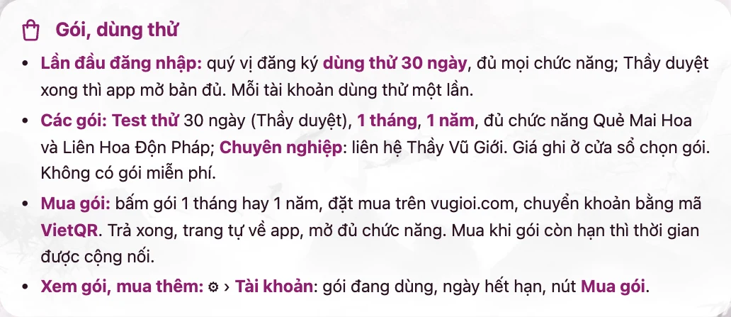 Mục "Gói, dùng thử" trong bảng hướng dẫn cài Độn Pháp: đăng ký dùng thử, các gói, mua bằng VietQR, xem gói ở ⚙ › Tài khoản