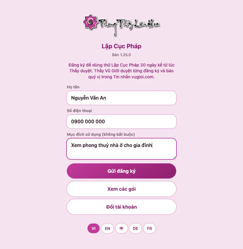 Điền họ tên, số điện thoại, mục đích sử dụng để đăng ký dùng thử app phong thuỷ Lập Cục Pháp 30 ngày