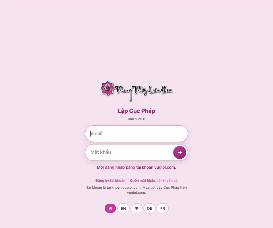 Màn hình đăng nhập Lập Cục Pháp: email, mật khẩu tài khoản vugioi.com, đăng ký tài khoản, quên mật khẩu, chọn ngôn ngữ