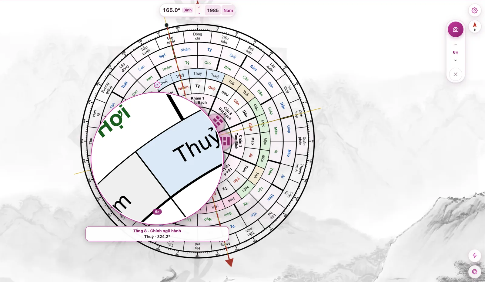 Kính đọc 6× trên La kinh 36 tầng: dòng chữ sát kính ghi Tầng 8 · Chính ngũ hành, ô Thuỷ, 324,2°