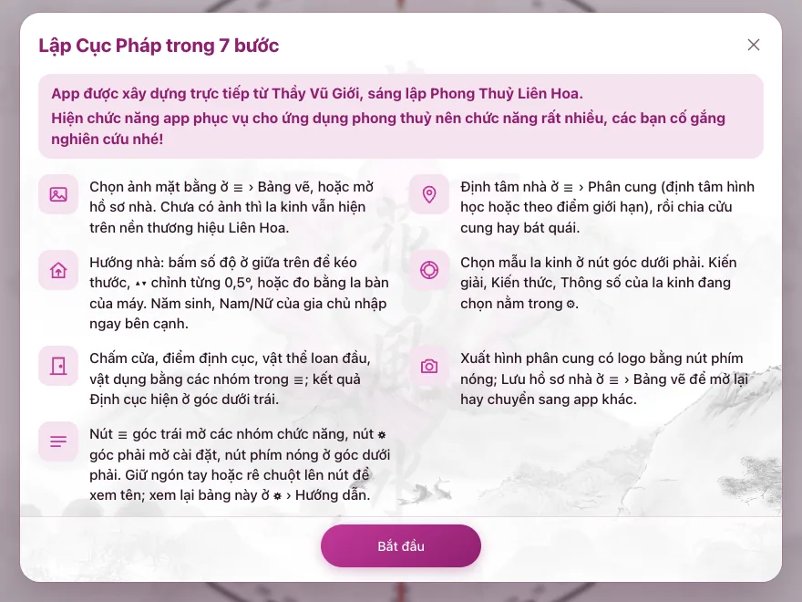 Bảng Lập Cục Pháp trong 7 bước hiện mỗi lần mở app, có lời giới thiệu của Thầy Vũ Giới