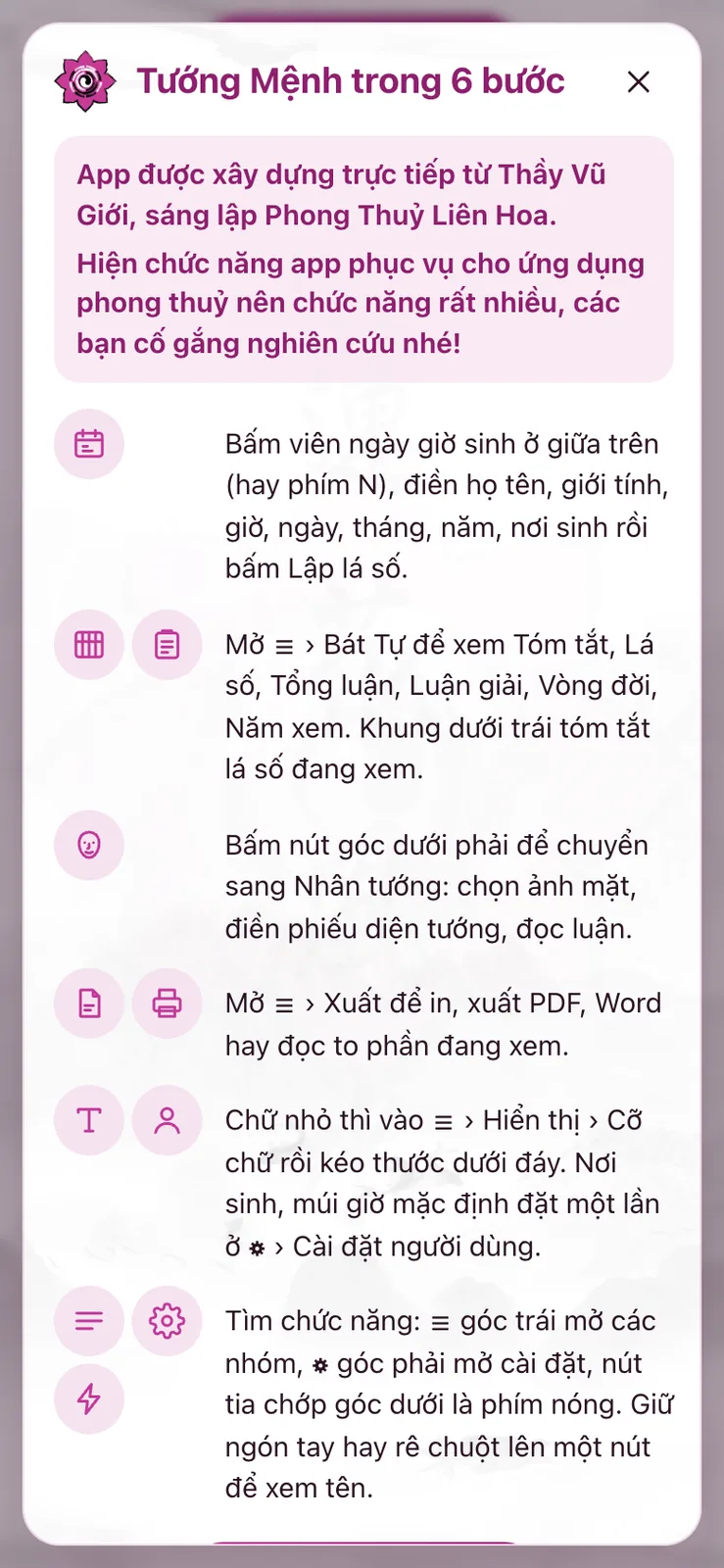 Bảng "Tướng Mệnh trong 6 bước" trên điện thoại, có lời giới thiệu của Thầy Vũ Giới và các bước kèm biểu tượng