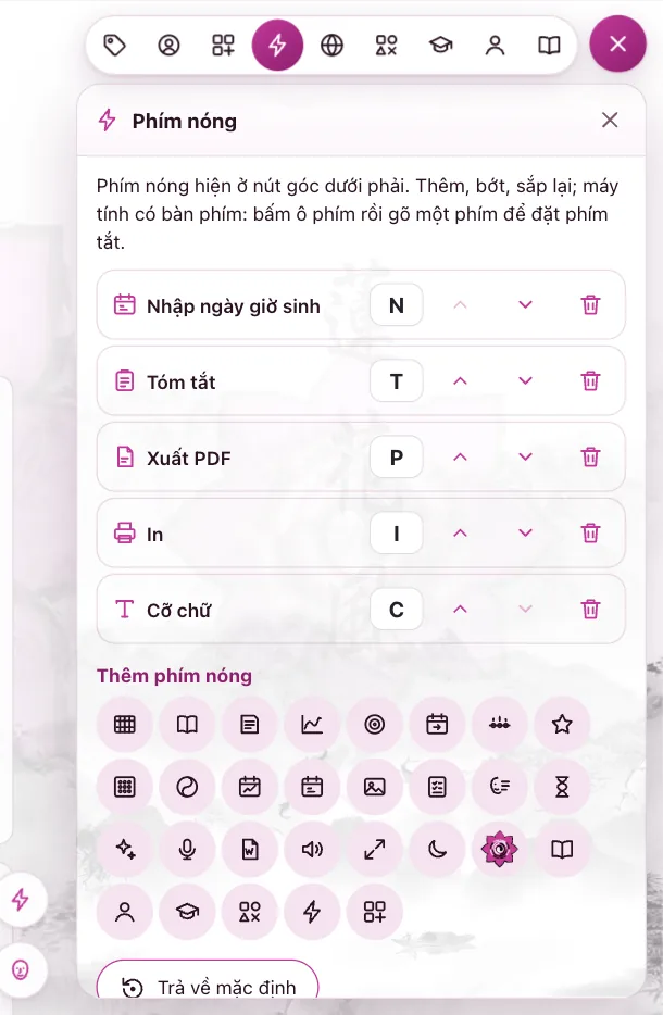 Phím nóng: năm phím mặc định N, T, P, I, C, danh sách Thêm phím nóng và nút Trả về mặc định