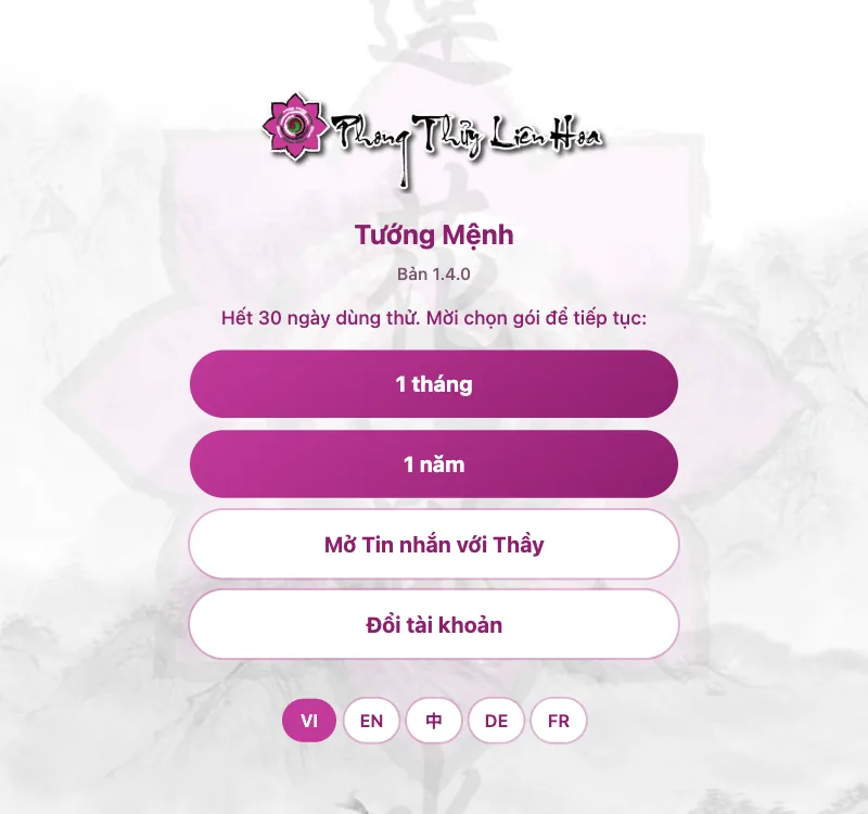 Hết 30 ngày dùng thử: app mời chọn gói 1 tháng hoặc 1 năm, hoặc mở Tin nhắn với Thầy