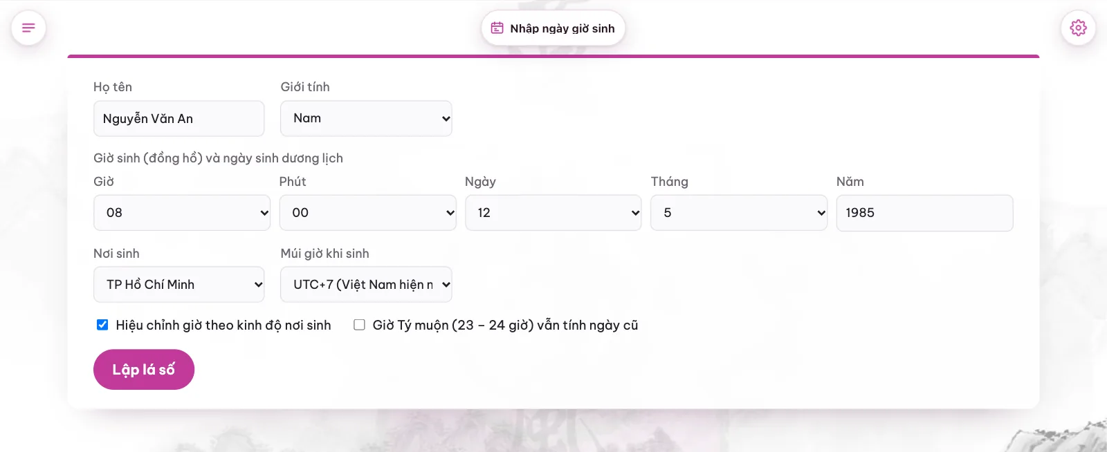 Khung Nhập ngày giờ sinh của Tướng Mệnh: họ tên, giới tính, giờ, phút, ngày, tháng, năm, nơi sinh, múi giờ và nút Lập lá số