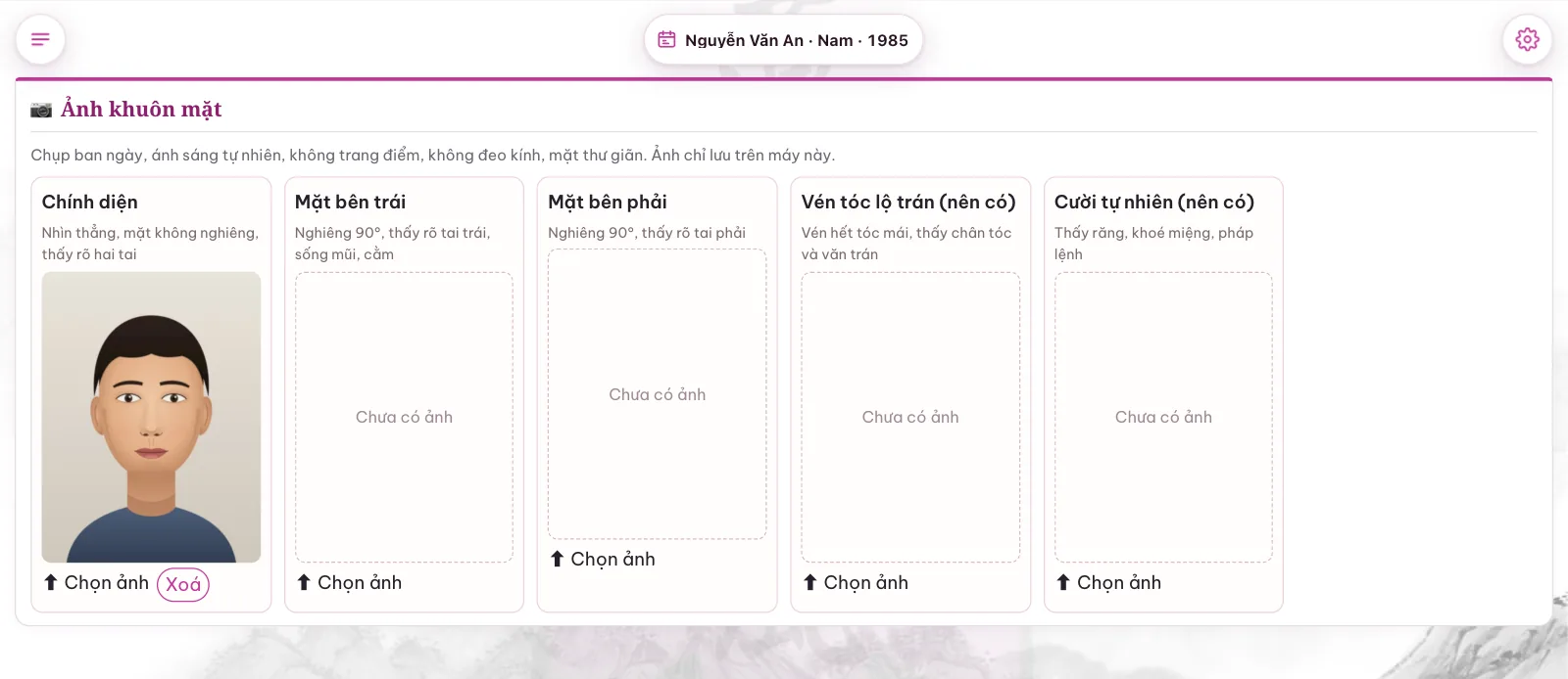 Thẻ Ảnh khuôn mặt với năm ô Chính diện, Mặt bên trái, Mặt bên phải, Vén tóc lộ trán, Cười tự nhiên; ô chính diện là hình vẽ minh hoạ