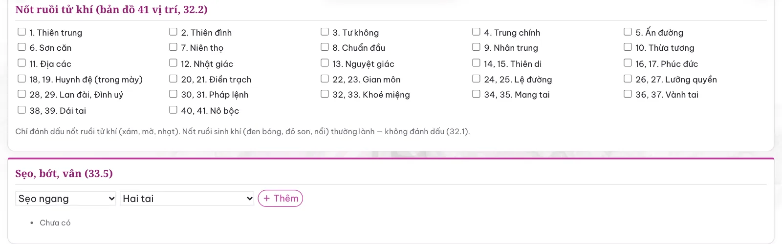 Bản đồ 41 vị trí nốt ruồi tử khí và mục Sẹo, bớt, vân với loại và vùng trên mặt