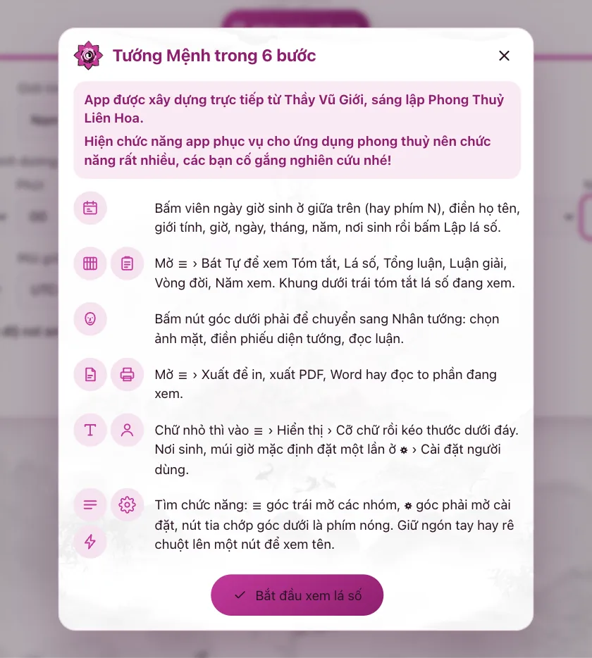Bảng giới thiệu "Tướng Mệnh trong 6 bước" hiện mỗi lần mở app, có lời giới thiệu của Thầy Vũ Giới và nút Bắt đầu xem lá số