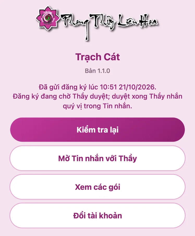 Đăng ký đang chờ Thầy Vũ Giới duyệt: nút Kiểm tra lại, Mở Tin nhắn với Thầy, Xem các gói, Đổi tài khoản