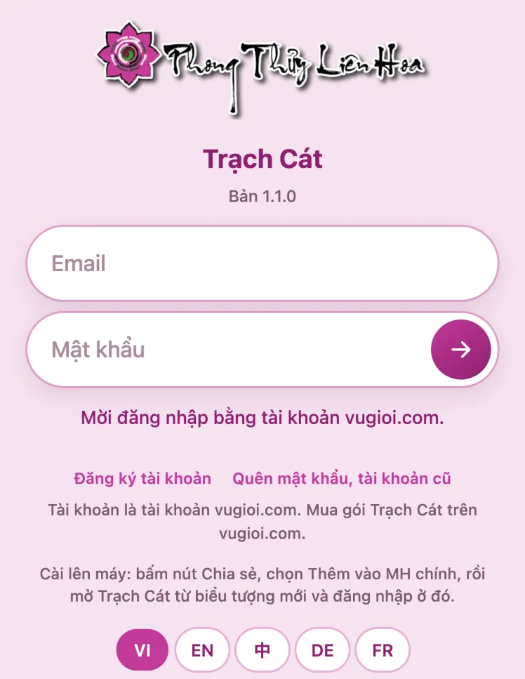 Màn đăng nhập app phong thuỷ Trạch Cát bản 1.1.0 trên iPhone: email, mật khẩu, Đăng ký tài khoản, Quên mật khẩu, năm ngôn ngữ