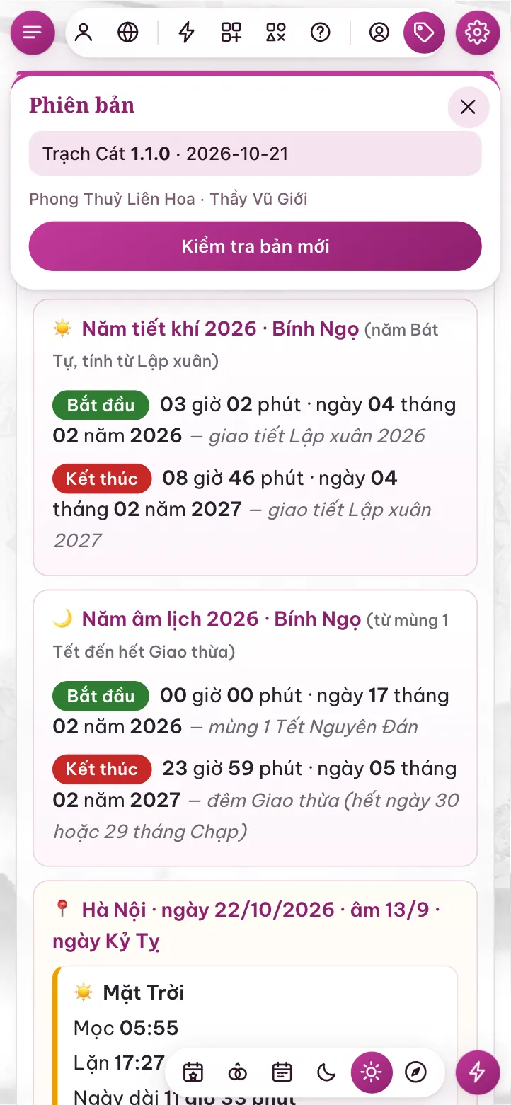 ⚙ › Phiên bản trên điện thoại: Trạch Cát 1.1.0 và nút Kiểm tra bản mới