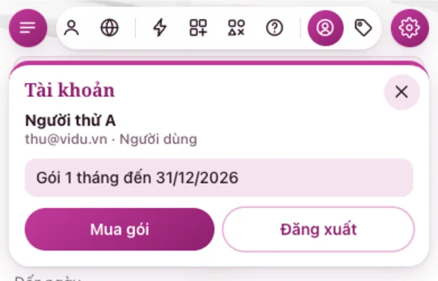 ⚙ › Tài khoản trong Trạch Cát: tên, email, gói đang dùng và hạn dùng, nút Mua gói và Đăng xuất