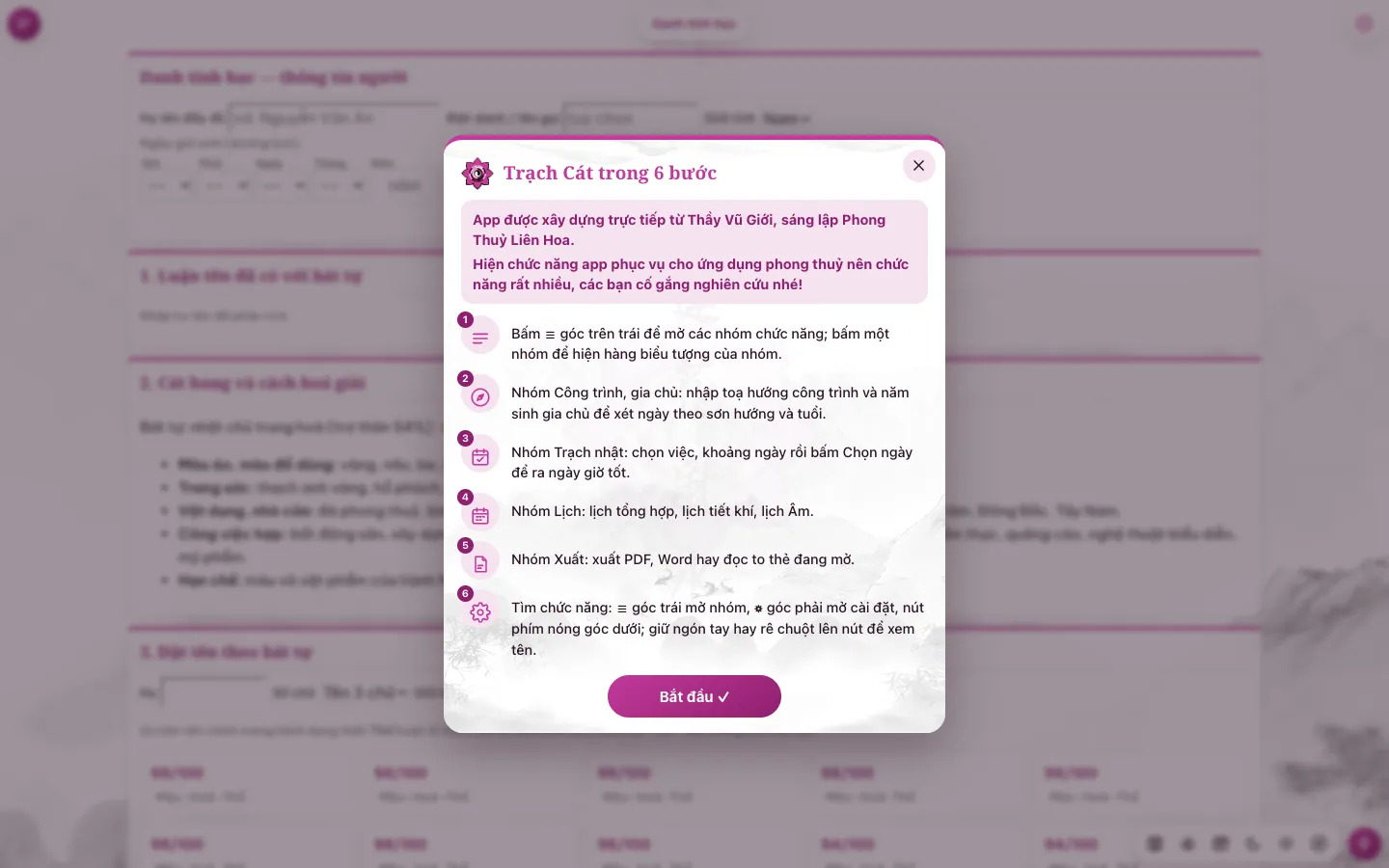 Mỗi lần mở app Vũ Giới Trạch Cát: bảng “Trạch Cát trong 6 bước” với lời giới thiệu của Thầy Vũ Giới, đóng bằng nút Bắt đầu