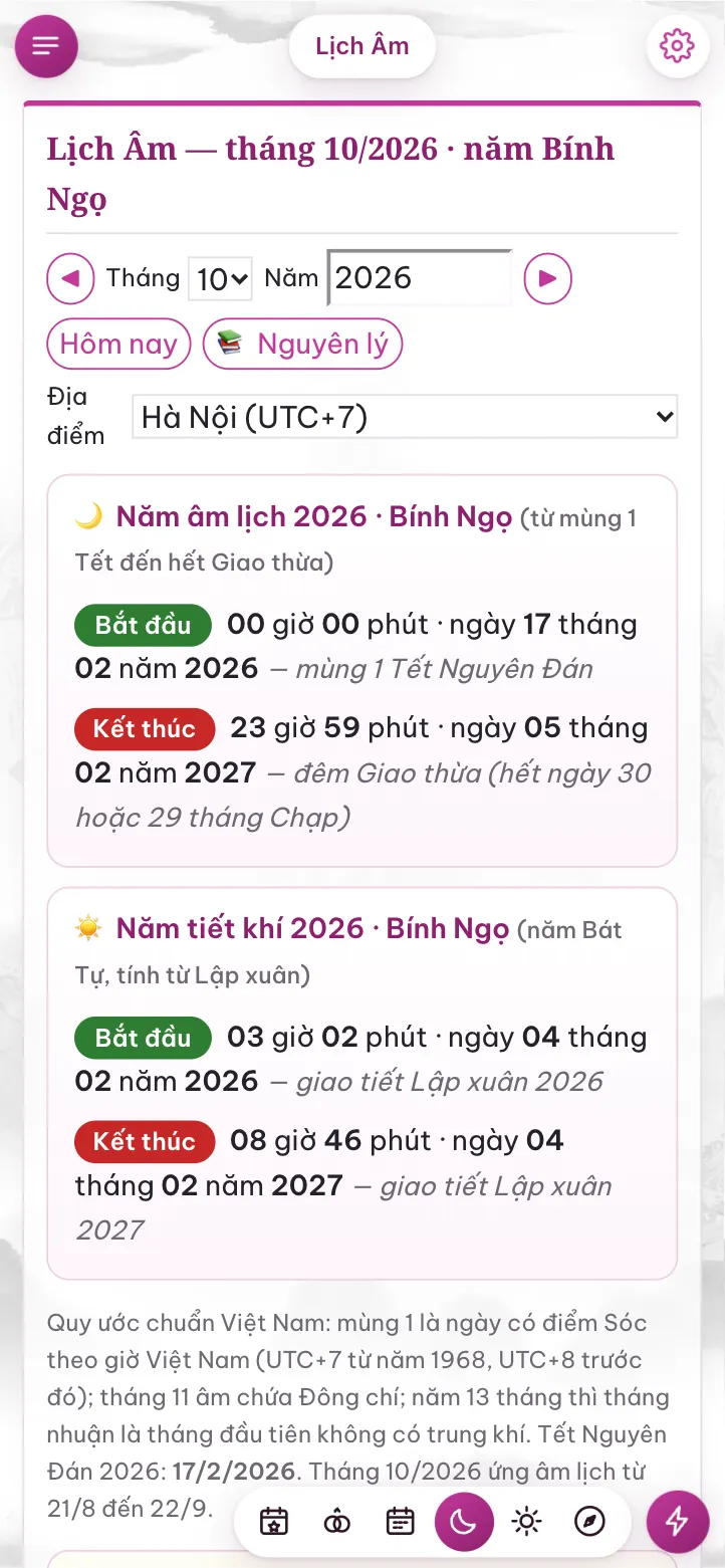 Lịch Âm tháng 10/2026 trên điện thoại: năm âm lịch Bính Ngọ từ Tết đến Giao thừa và năm tiết khí tính từ Lập xuân