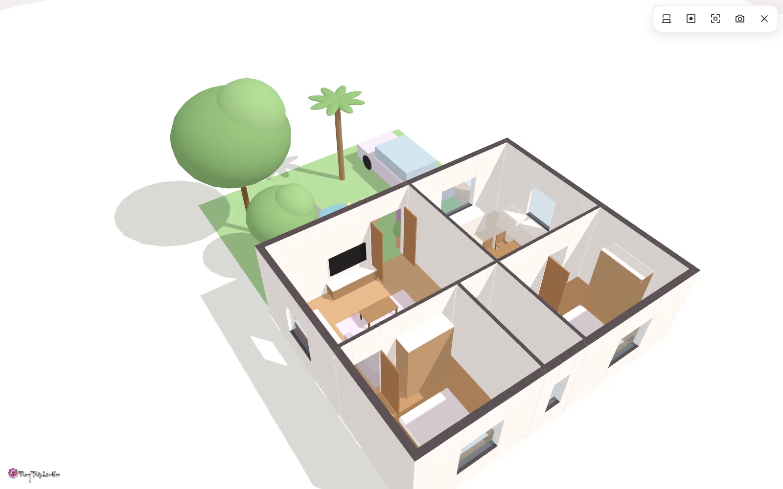 Phối cảnh 3D của chính mặt bằng nhà cấp 4 ở trên, có cây, xe, nội thất