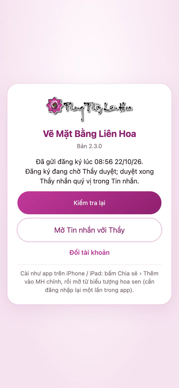 Màn chờ Thầy duyệt với nút Kiểm tra lại và Mở Tin nhắn với Thầy