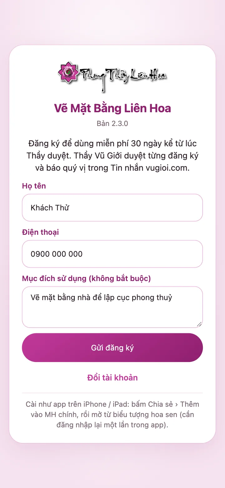 Màn đăng ký dùng thử: họ tên, điện thoại, mục đích sử dụng, nút Gửi đăng ký