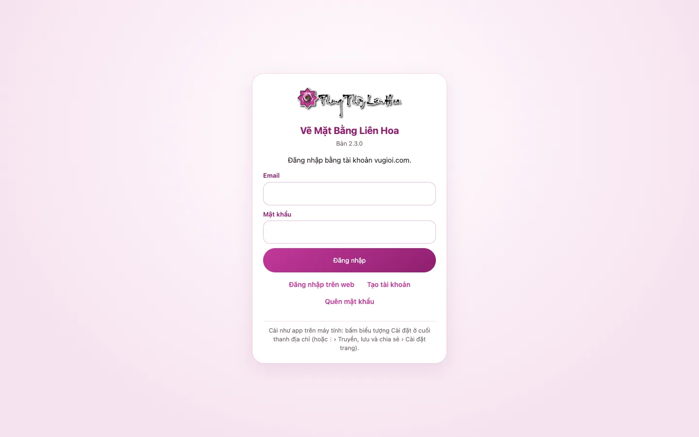 Màn đăng nhập trên máy tính, kèm gợi ý cài như app từ thanh địa chỉ