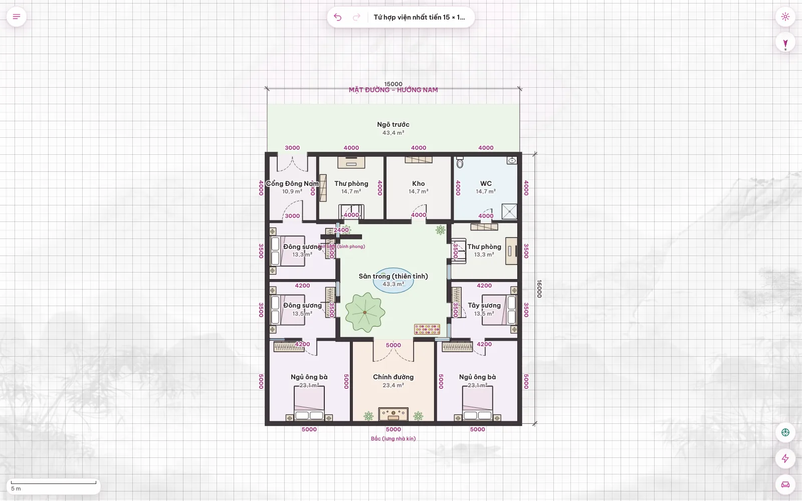 Mẫu Tứ hợp viện nhất tiến 15 × 16 m vừa mở ra trên giấy vẽ, sẵn sàng chỉnh sửa