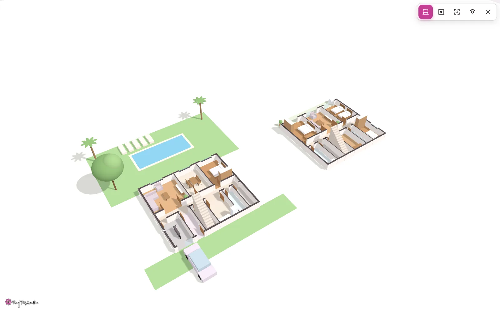 Biệt thự 2 tầng có hồ bơi trước nhà dựng 3D: sân vườn, bể bơi, cây dừa, xe ô tô và tầng 2 bên cạnh