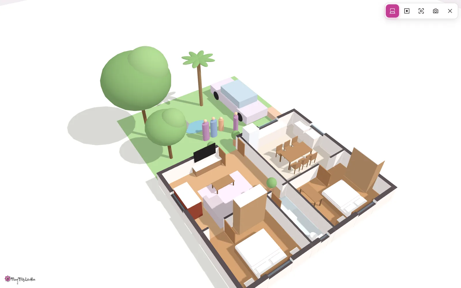 Phối cảnh 3D nhà cấp 4 đã hạ thấp tường: nhìn rõ giường, bàn ăn, sofa, tivi bên trong, sân trước có cây, xe, người