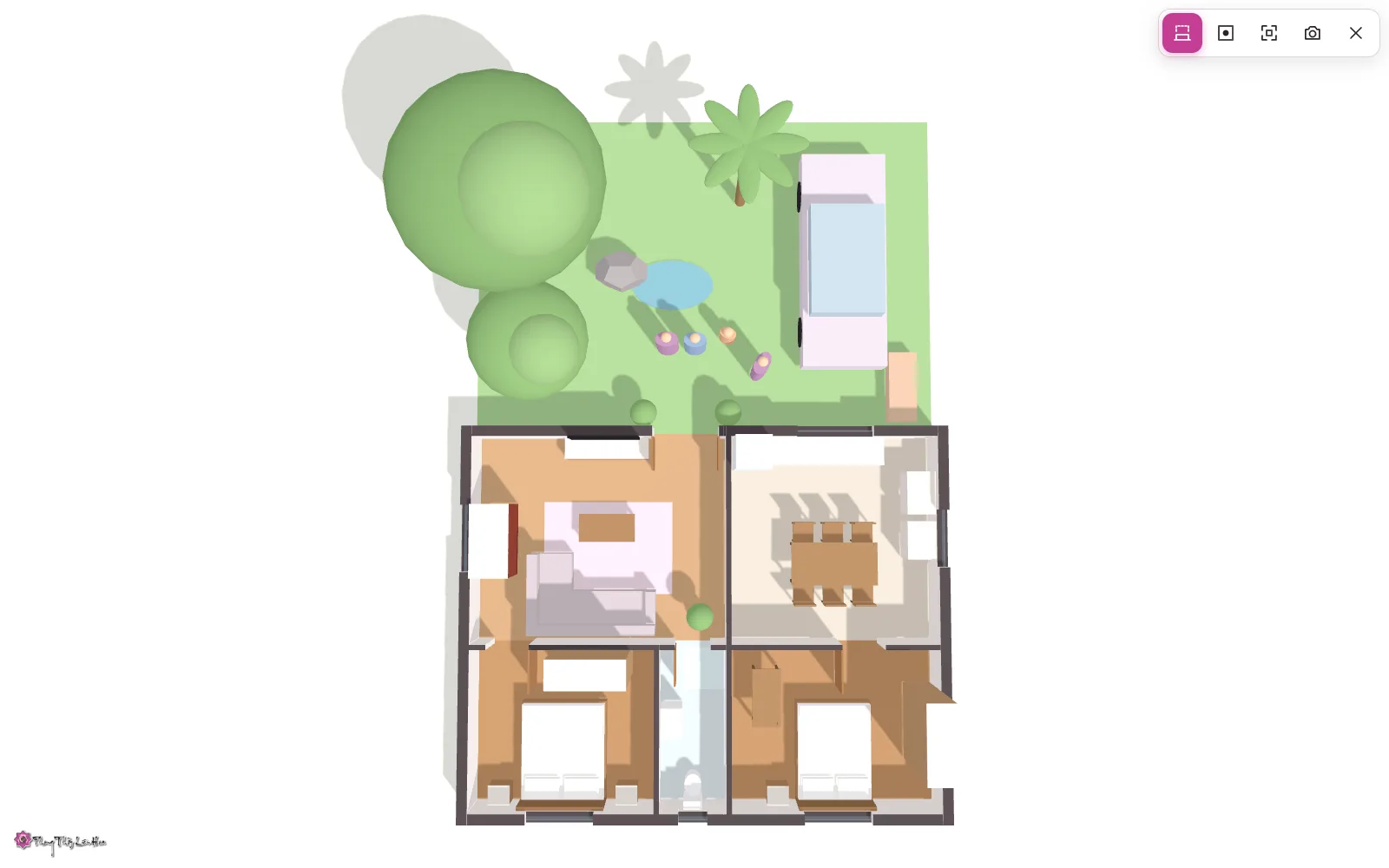 Phối cảnh 3D nhìn từ trên xuống của nhà cấp 4, có sân trước, cây xanh và xe