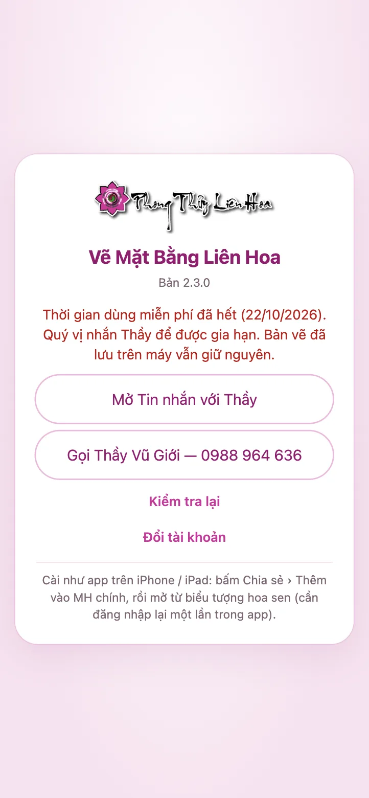 Màn hết thời gian dùng thử: nút Mở Tin nhắn với Thầy, Gọi Thầy Vũ Giới 0988 964 636, Kiểm tra lại; bản vẽ đã lưu vẫn giữ nguyên