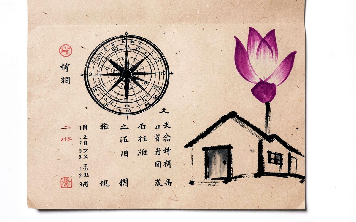 La bàn phong thuỷ, tờ lịch cũ và ngôi nhà vẽ mực minh hoạ ứng dụng địa chi