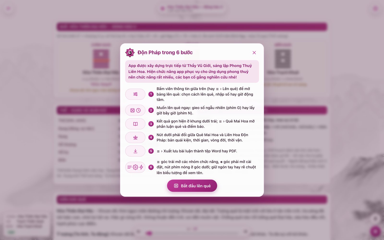 Bảng “Độn Pháp trong 6 bước” hiện mỗi lần mở app