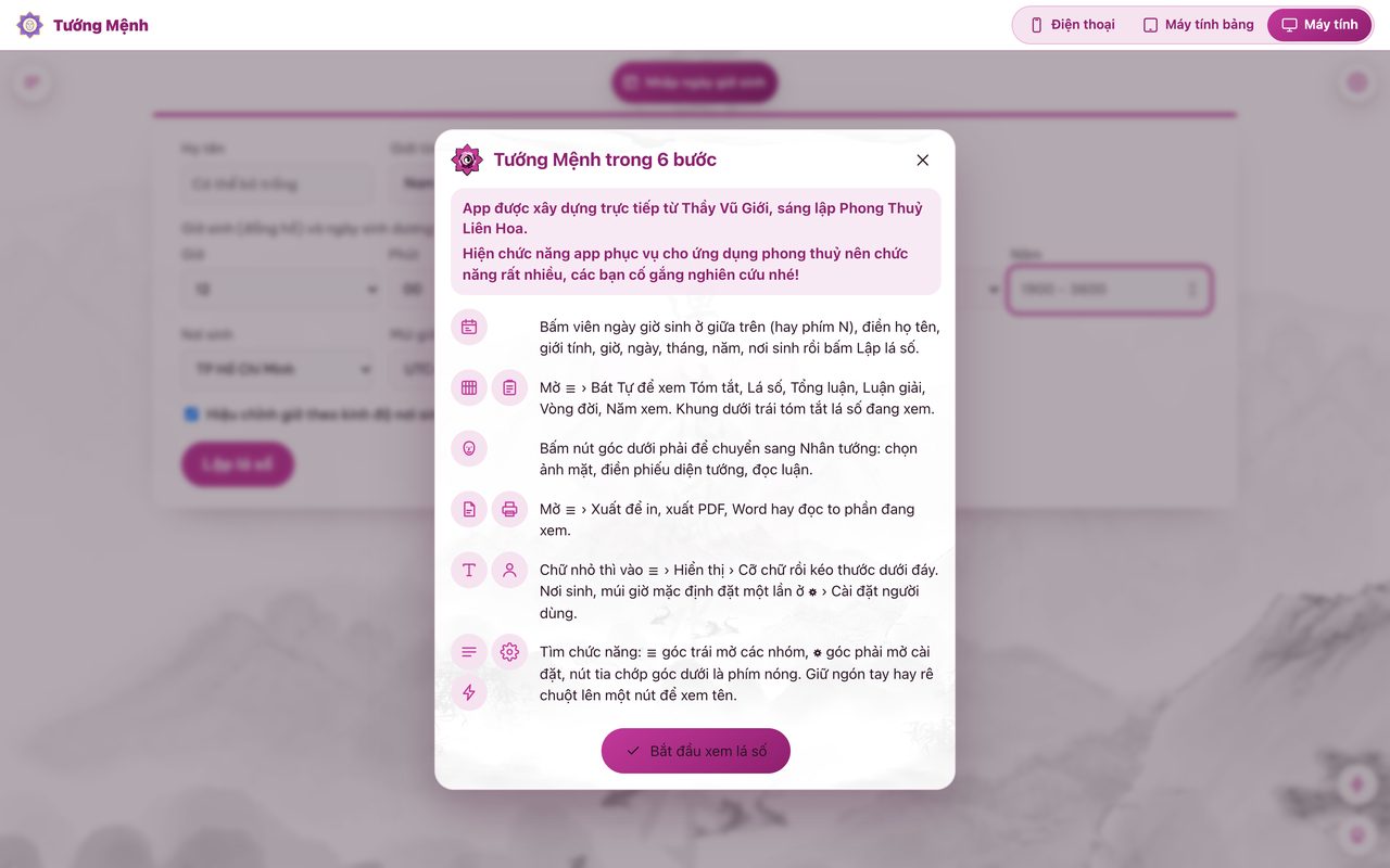 Mở app: bảng giới thiệu của Thầy Vũ Giới và Tướng Mệnh trong 6 bước