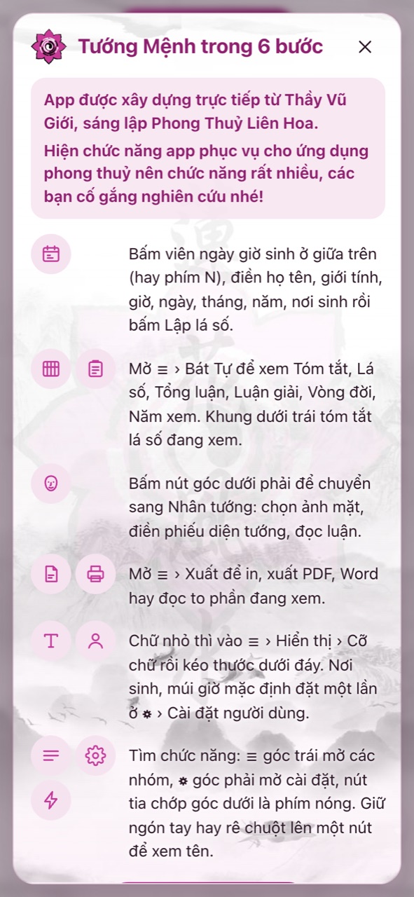 Trên điện thoại: nền sen Liên Hoa hiện rõ, chữ các bước vẫn dễ đọc