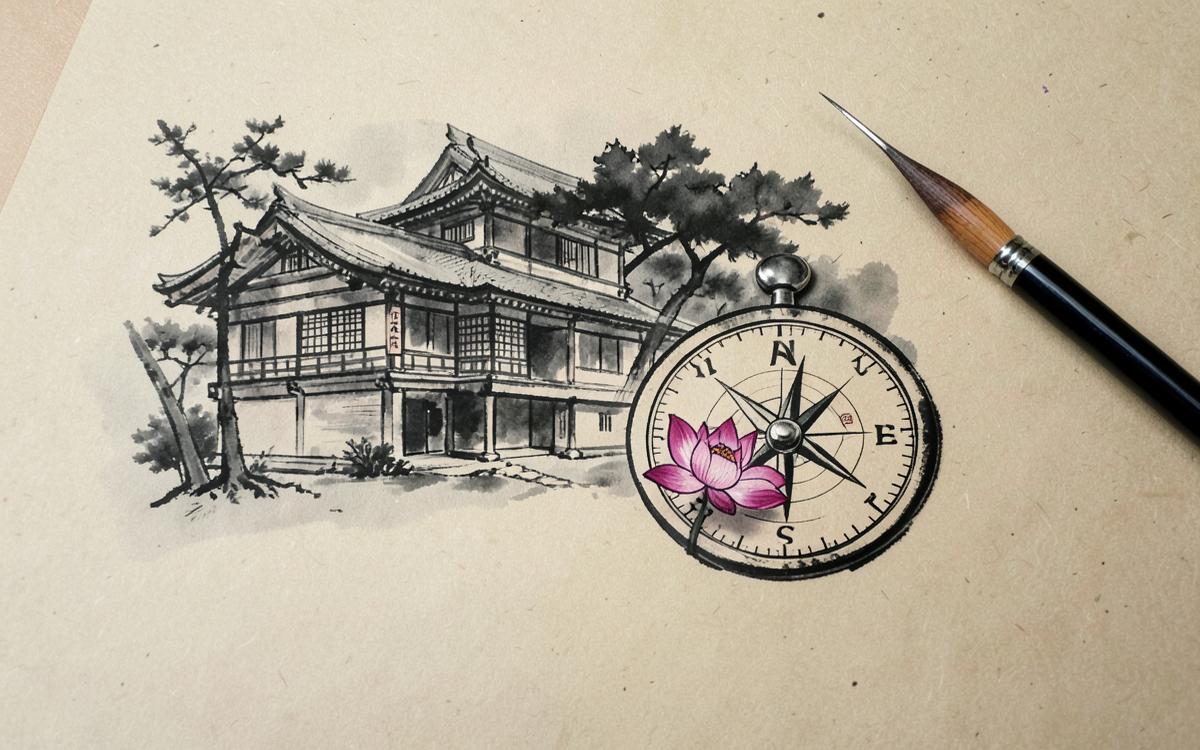 La bàn phong thuỷ, nhà cổ và bút lông minh hoạ ứng dụng thiên can